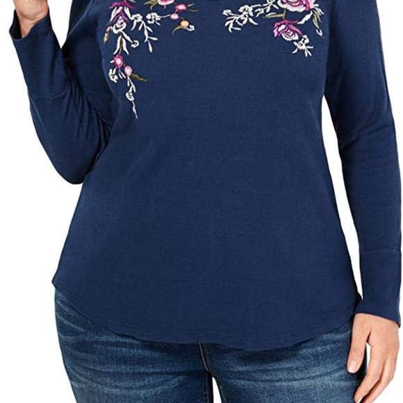 Style & Co. Womens Embroidered Floral Thermal Top - Picture 2 of 4